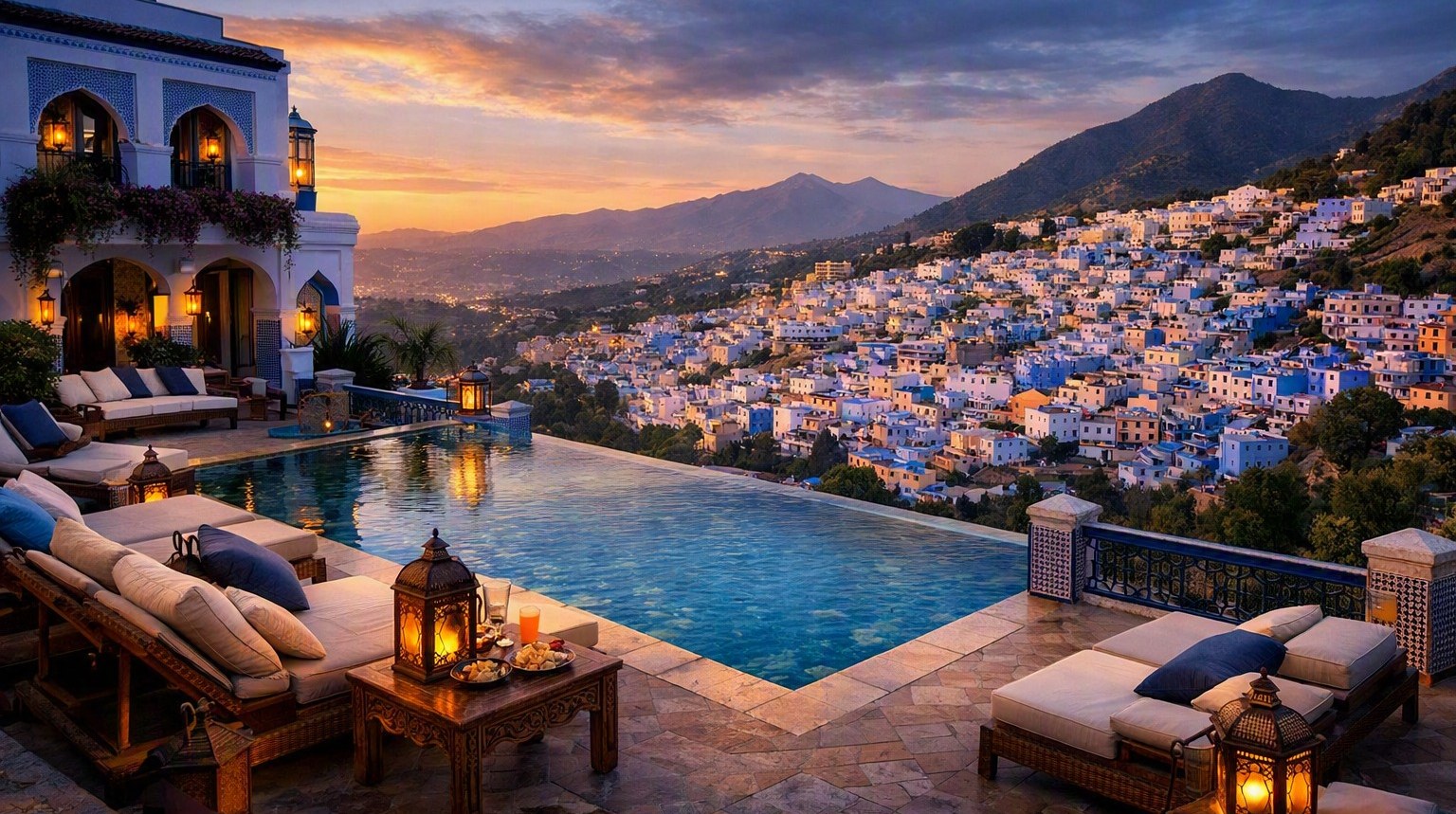 Chefchaouen Palace — vue d'artiste du resort et de sa piscine à débordement dominant la médina bleue de Chefchaouen, Maroc